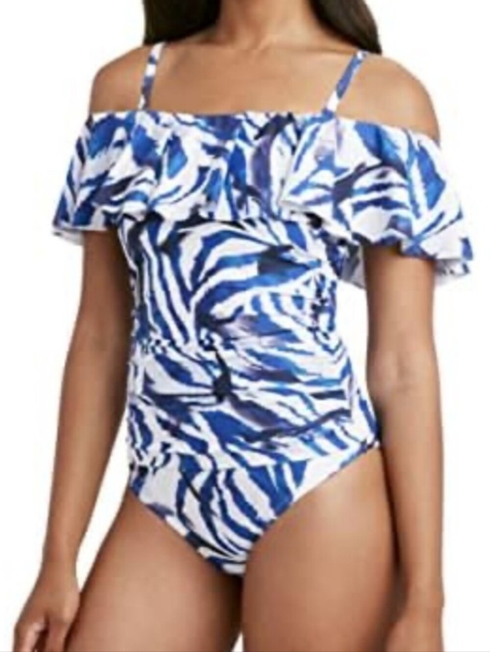 Tahari Off-The-Shoulder Swimsuit Blue And White Size XL